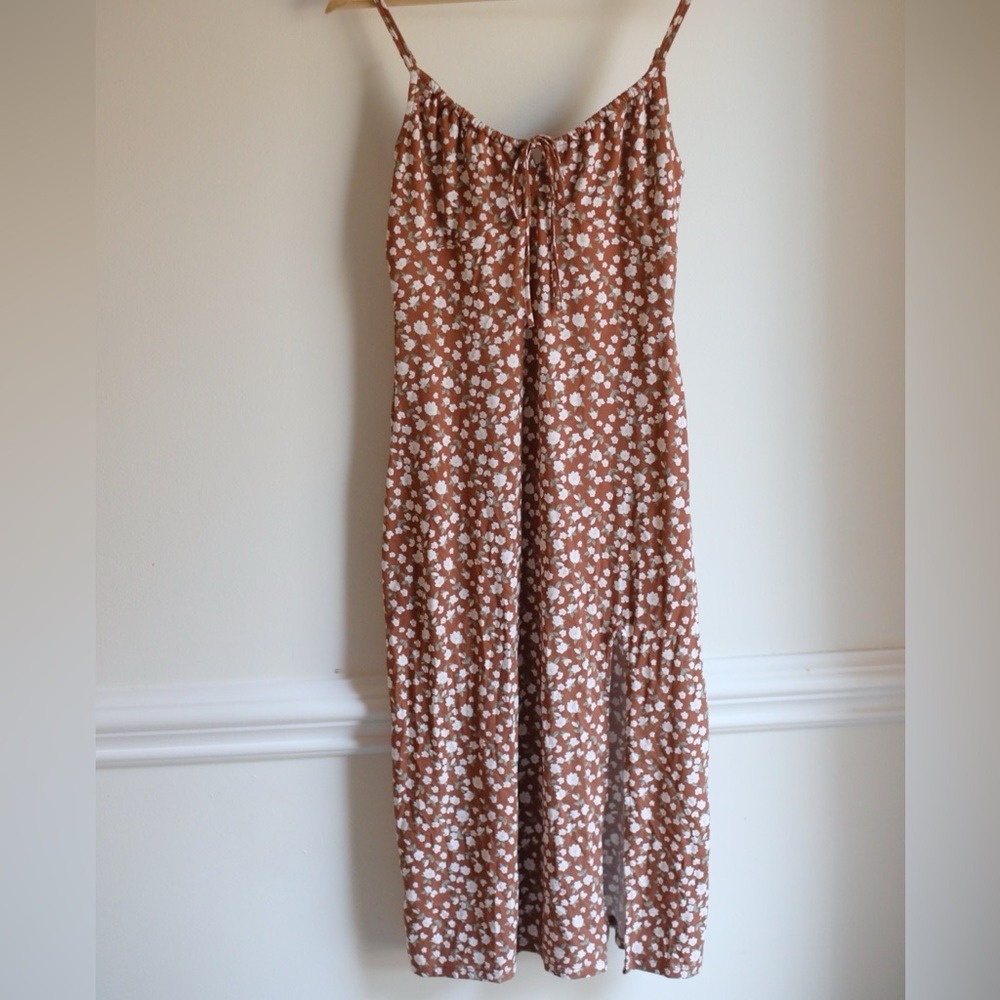 Hollister Floral A-Line Midi Dress Brown‎ White Scoop Neck  Tie XS Cottagecore